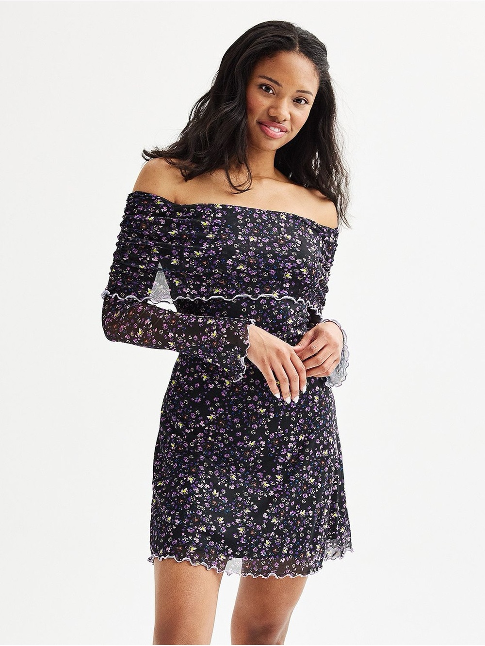 Tinseltown Purple Ditsy Floral Off Shoulder Mesh Dress 🪻🖤💫
